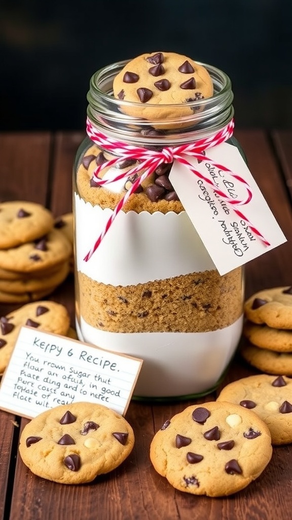 A decorative cookie gift jar filled with layered ingredients, with cookies and a recipe card nearby.